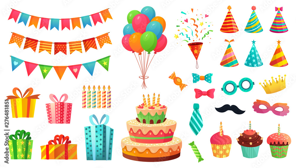 Cartoon birthday party decorations. Gifts presents, sweet cupcakes and celebration cake. Colorful balloons, carnival celebration food and candy. Isolated vector illustration icons set Cartoon birthday party decorations. Gifts presents, sweet cupcakes and celebration cake. Colorful balloons, carnival celebration food and candy. Isolated vector illustration icons set