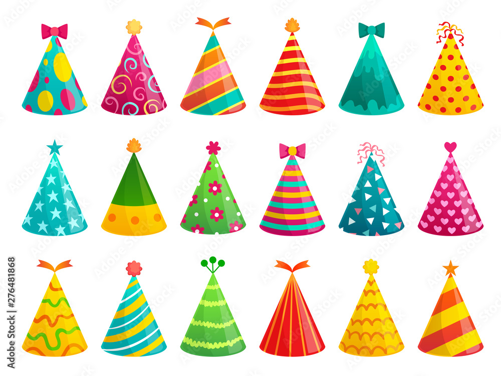 Cartoon birthday party caps. Funny celebration cap, holiday cone and colorful paper hat. Party hat, carnival caps or xmas cardboard accessories. Isolated vector illustration signs set Cartoon birthday party caps. Funny celebration cap, holiday cone and colorful paper hat. Party hat, carnival caps or xmas cardboard accessories. Isolated vector illustration signs set