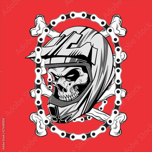 skull wearing helmet motocross with chain.vector hand drawing,Shirt designs, biker, disk jockey, gentleman, barber and many others.isolated and easy to edit. Vector Illustration - Vector