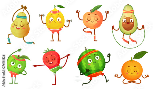 Fruit characters yoga. Fruits in fitness exercises poses, wellness food and funny sport fruit. Tropical fruit workout pose, healthy gym sport character. Isolated cartoon vector icons illustration set