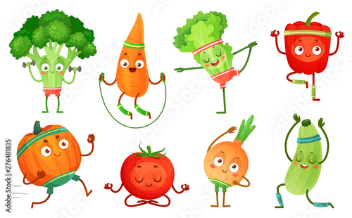 Cartoon vegetables fitness. Vegetable characters workout, healthy yoga exercises food and sport vegetables. Yoga poses, kawaii sport vegetable. Isolated vector illustration icons set