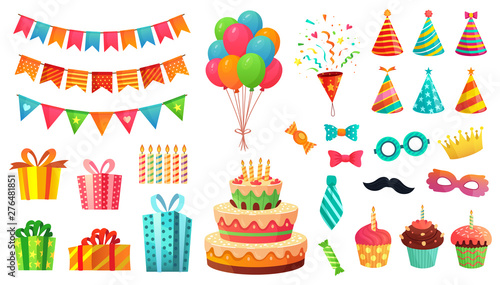 Cartoon birthday party decorations. Gifts presents, sweet cupcakes and celebration cake. Colorful balloons, carnival celebration food and candy. Isolated vector illustration icons set