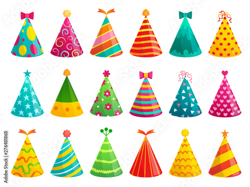 Cartoon birthday party caps. Funny celebration cap, holiday cone and colorful paper hat. Party hat, carnival caps or xmas cardboard accessories. Isolated vector illustration signs set