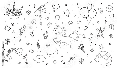 Set of cute doodle sketches for kids unicorn party. Hand drawn vector retro style illustration.