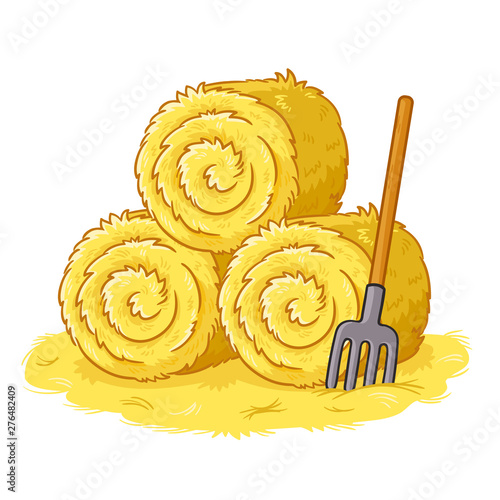 Bales with hay and pitchforks on a white background. Vector illustration in cartoon style