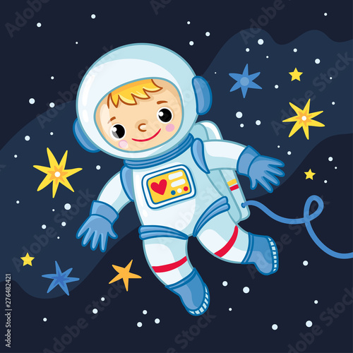Valokuvatapetti Little boy is an cosmonaut in space among the stars.