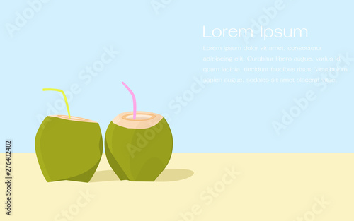 Fresh young coconuts with drinking straws on beach and blue background. Summer vacation concept. Flat vector illustration in cartoon style.