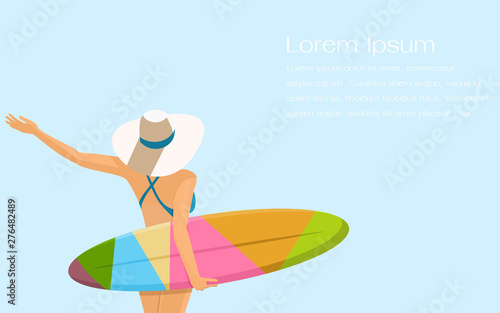 An isolated woman in hat and bikini on back with a colorful surfboard. Flat vector illustration in cartoon style people character.