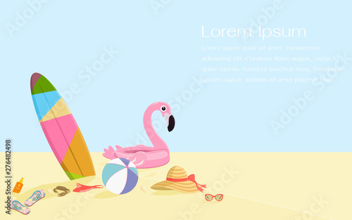 Girly summer items with sunscreen, bikini, flip flops, surfboard, floating, ball, hat, sunglasses and crab on sand. Summer vacation and holiday on the beach concept. Flat vector illustration.