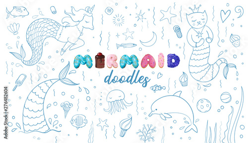 Set of cute kids doodle sketches for mermaid party theme. Purrmaid, unicorn, sweeties. Vector illustration