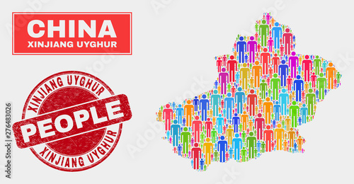 Demographic Xinjiang Uyghur Region map abstraction. People bright mosaic Xinjiang Uyghur Region map of humans, and red rounded dirty watermark. Vector combination for population public plan.