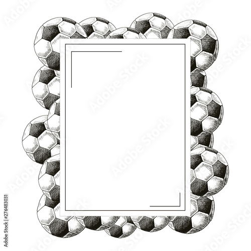 Football frame. Hand drawn sketch style soccer balls. Black on white. 