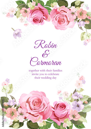 Wedding invite with bouquet of roses, spring blossom. Card with red, mauve, p...