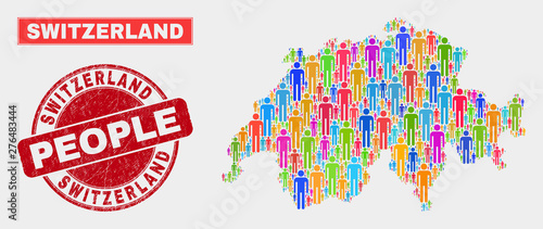 Demographic Switzerland map abstraction. People bright mosaic Switzerland map of crowd, and red round grunge stamp seal. Vector combination for population community presentation.