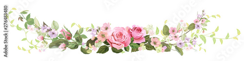 Panoramic view: bouquet of roses, spring blossom. Horizontal border: red, mauve, pink flowers, buds, green leaves on white background. Digital draw illustration in watercolor style, vintage, vector