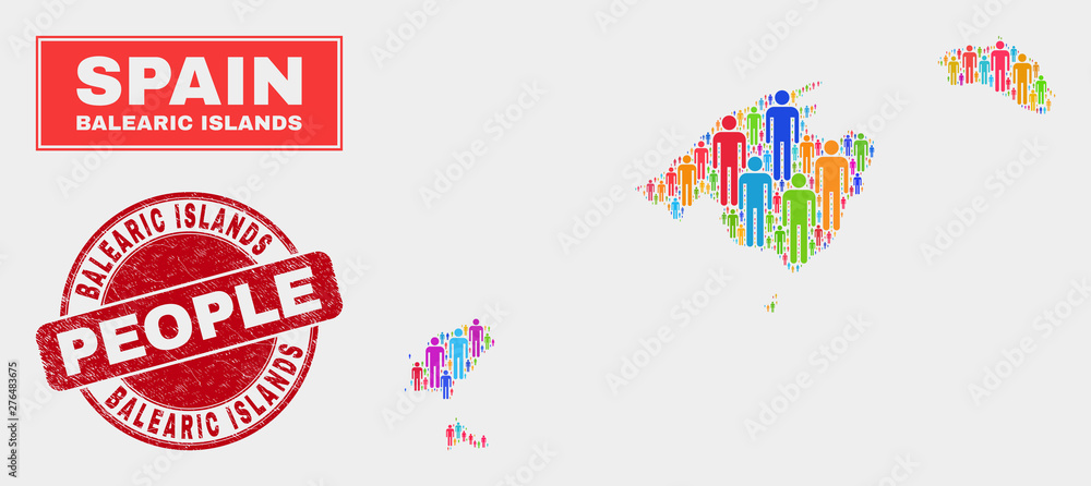 Demographic Balearic Islands map abstraction. People color mosaic Balearic Islands map of crowd, and red rounded grunge stamp. Vector combination for national mass report.