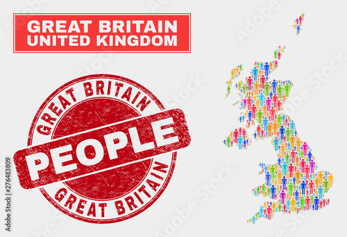 Demographic United Kingdom map illustration. People color mosaic United Kingdom map of guys, and red round scratched watermark. Vector collage for nation audience representation.