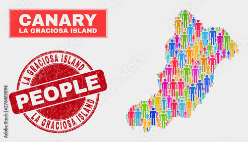 Demographic La Graciosa Island map abstraction. People bright mosaic La Graciosa Island map of crowd, and red round grunge watermark. Vector combination for population public representation.