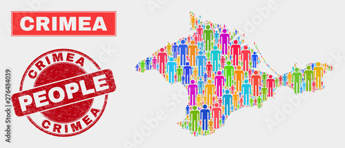 Demographic Crimea map illustration. People bright mosaic Crimea map of crowd, and red rounded rubber stamp. Vector combination for nation audience report.