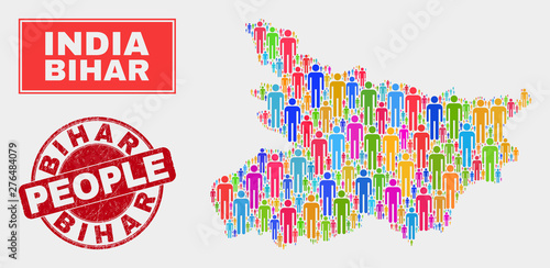Demographic Bihar State map abstraction. People color mosaic Bihar State map of crowd, and red rounded rubber stamp seal. Vector collage for population audience presentation.