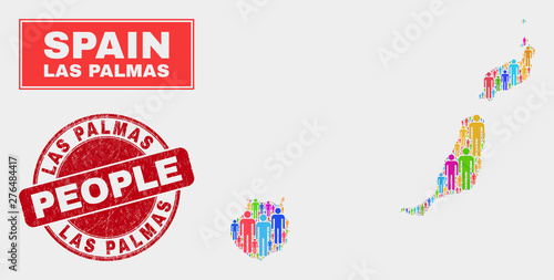 Demographic Las Palmas Province map abstraction. People color mosaic Las Palmas Province map of men, and red round grunge watermark. Vector composition for population group report.