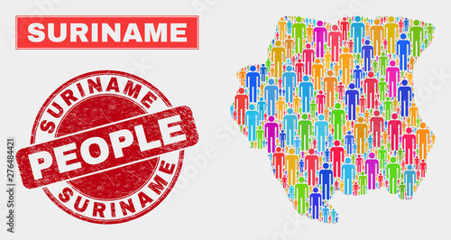Demographic Suriname map illustration. People bright mosaic Suriname map of humans, and red rounded textured seal. Vector combination for population public representation.