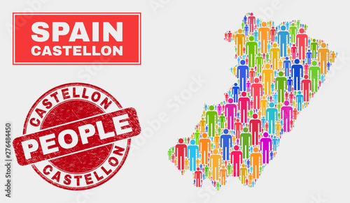 Demographic Castellon Province map abstraction. People bright mosaic Castellon Province map of crowd, and red round scratched watermark. Vector combination for population mass representation.