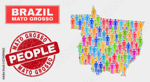 Demographic Mato Grosso State map abstraction. People colorful mosaic Mato Grosso State map of guys, and red round grunge seal. Vector composition for population audience presentation.