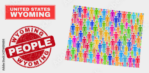 Demographic Wyoming State map illustration. People color mosaic Wyoming State map of persons, and red rounded grunge stamp seal. Vector combination for population community report.
