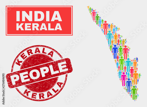 Demographic Kerala State map abstraction. People colorful mosaic Kerala State map of humans, and red rounded dirty stamp seal. Vector composition for national audience report.