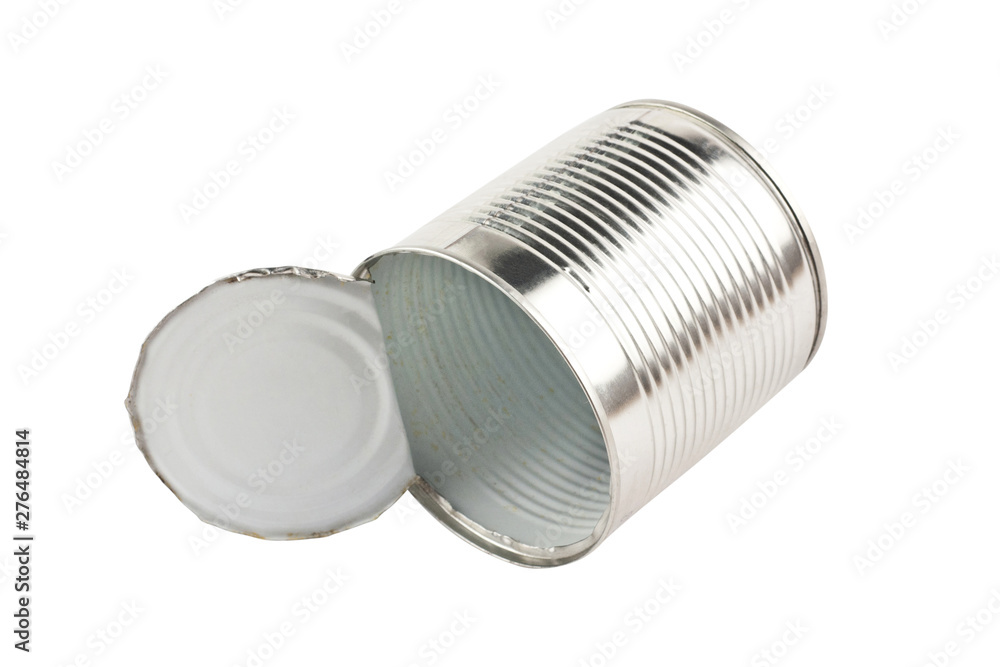 One whole disposable opened metal glossy chrome tin for canned food isolated on white background One whole disposable opened metal glossy chrome tin for canned food isolated on white background