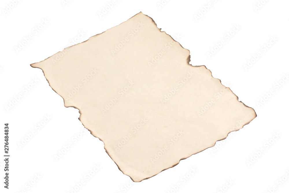 Single blank old dirty and burnt paper sheet isolated on white background Single blank old dirty and burnt paper sheet isolated on white background