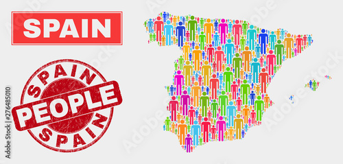 Demographic Spain map abstraction. People bright mosaic Spain map of persons, and red rounded rubber stamp. Vector collage for national community representation.