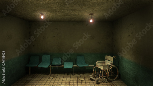 Horror and creepy seat waiting and wheelchair in front of the examination room in the hospital.3D rendering photo