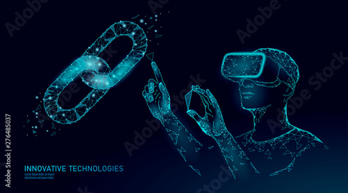 Male modern trader manage blockchain system. Virtual reality assistance administration data operation. 3D VR headset augmented reality glasses finance online digital banner vector illustration
