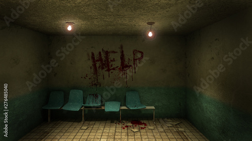 Horror and creepy seat waiting in front of the examination room in the hospital and help Blood .3D rendering