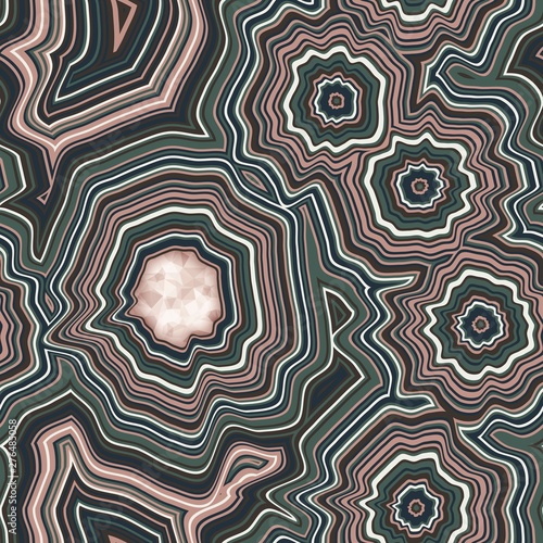 Infinite Agate Geode Seamless Repeat Vector Pattern Swatch.  Bands and crystal centers.  Abstract, natural, contours, raw, earth, stone, rock, mineral, nature, random, colorful.  Generative Art.  