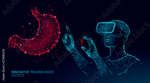 Male modern doctor operate human stomach cancer. Virtual reality assistance laser operation. 3D VR headset augmented reality glasses medicine online digital banner vector illustration