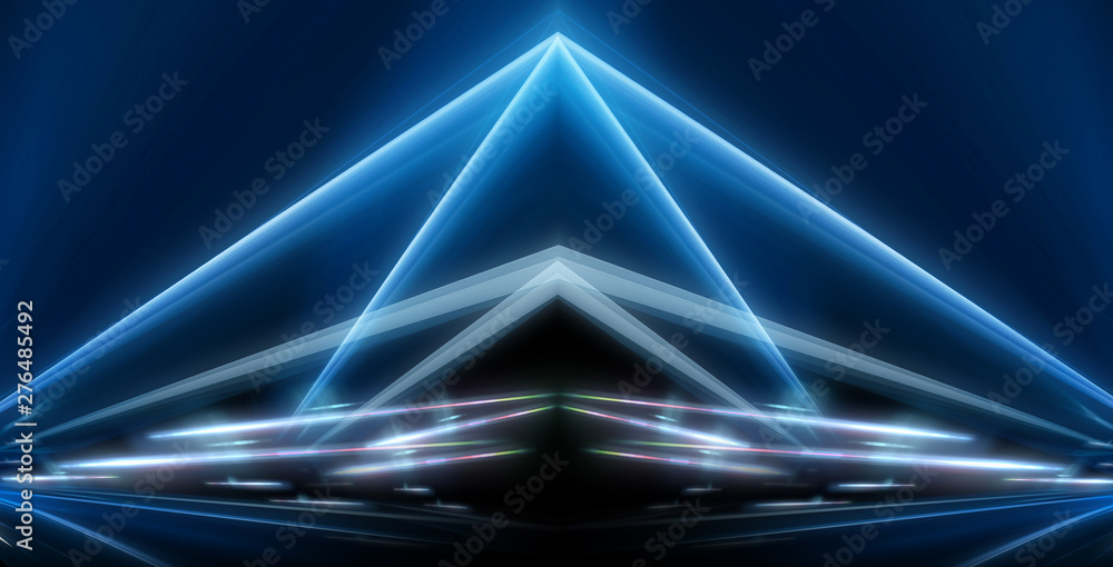 Fototapeta premium Abstract light tunnel. Night view, city lights, neon. Abstract lines and rays of neon light. Movement speed, reflection. Night scene with neon spotlights, glare. Dark abstract background with neon.