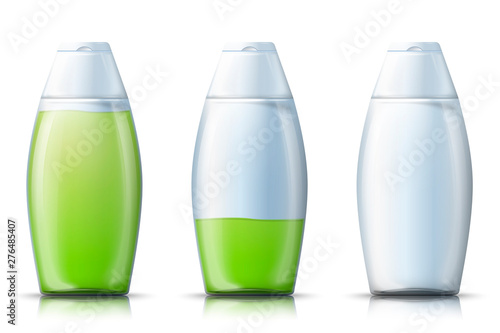 Vector 3d realistic shampoo bottle with liquid gel inside, isolated on white background. Mock-up for product package branding.
