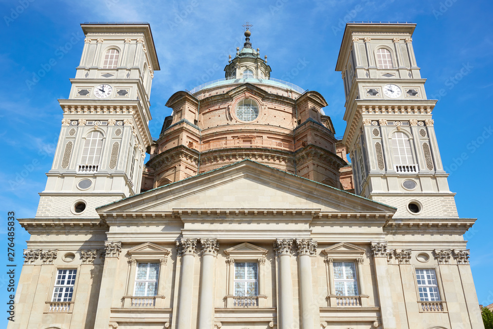 Sanctuary of Vicoforte church facade, low angle view in a sunny summer day in Piedmont, Italy