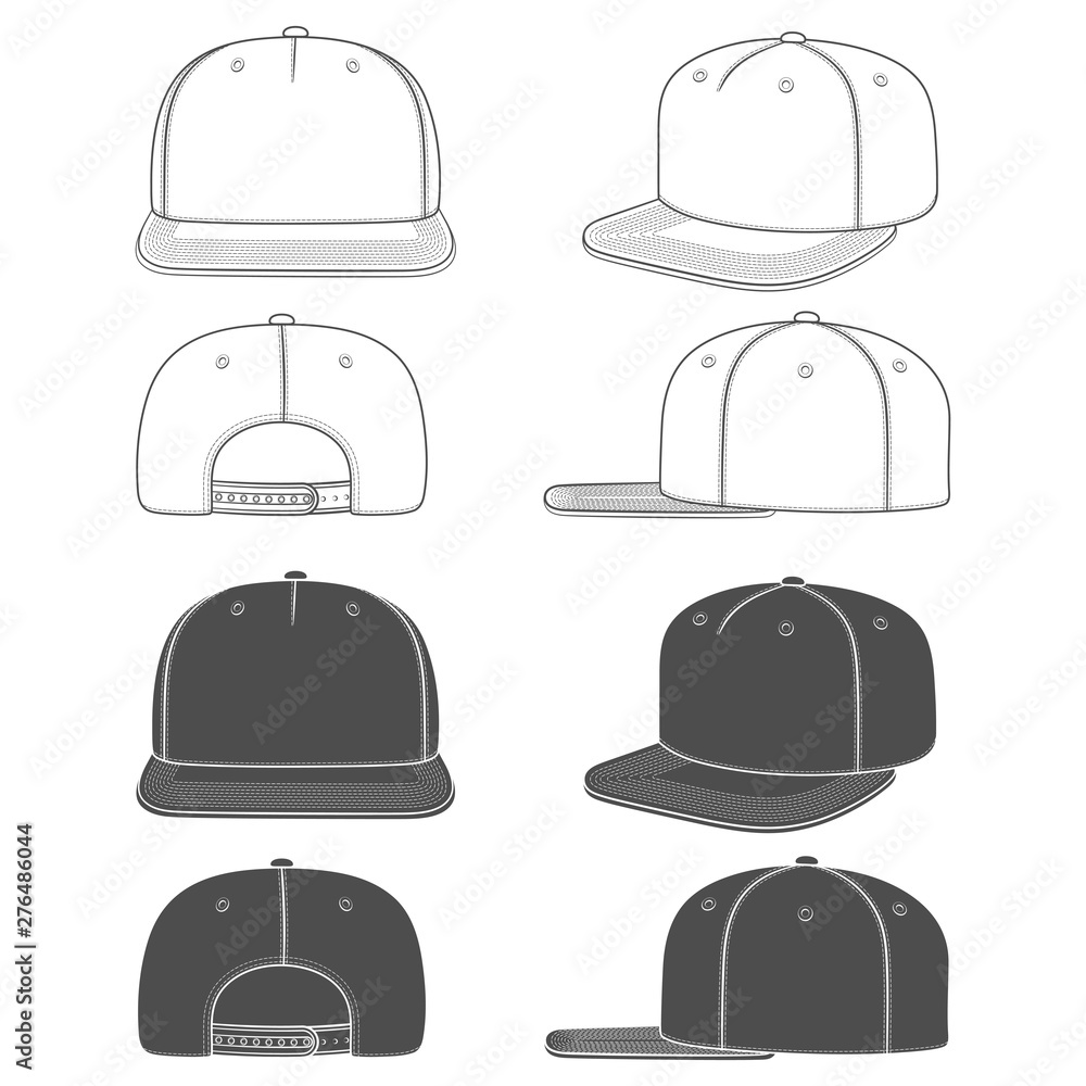 Set of black and white illustration of a snapback, rapper cap with a flat visor. Isolated objects on white background. - obrazy, fototapety, plakaty 