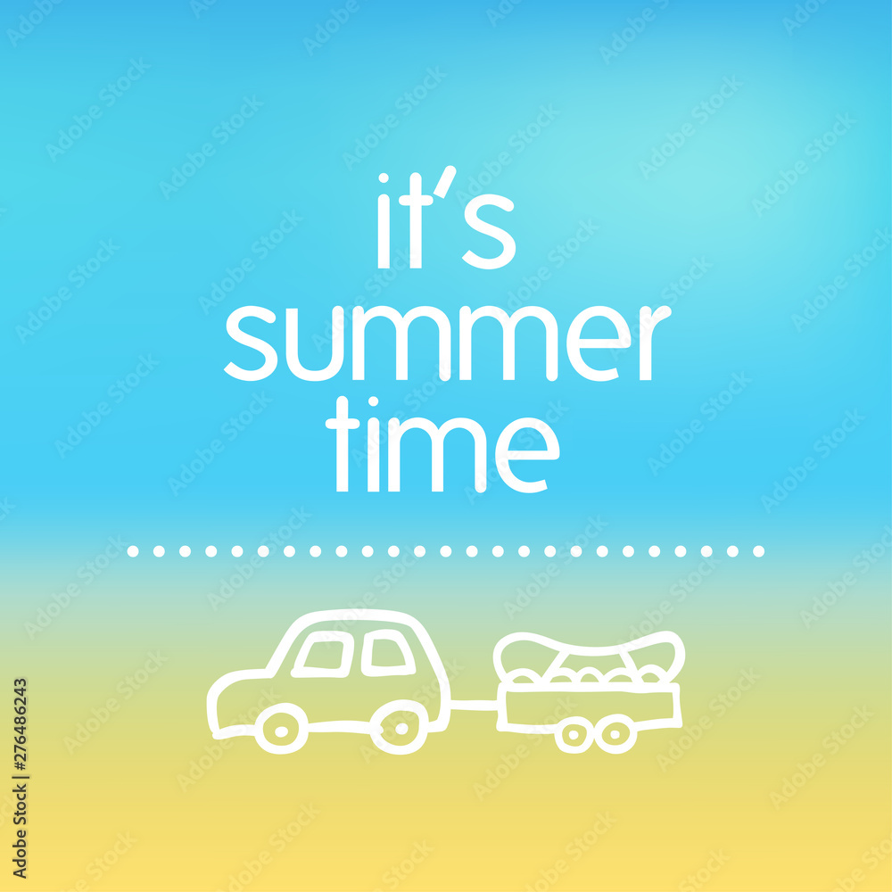 A square vector summer time design. It's summer time text with a doodle auto and a boat with a gradient background. 