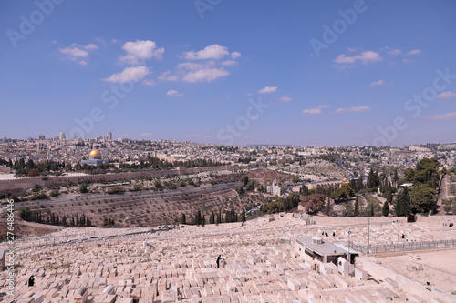 Jerusalem \ Israel - 15 October 2017: Panoramic view of Tzurm valley.  Jerusalem Old city and the Temple Mount, Dome of the Rock and Al Aqsa Mosque, slopes of Mount of Olives.