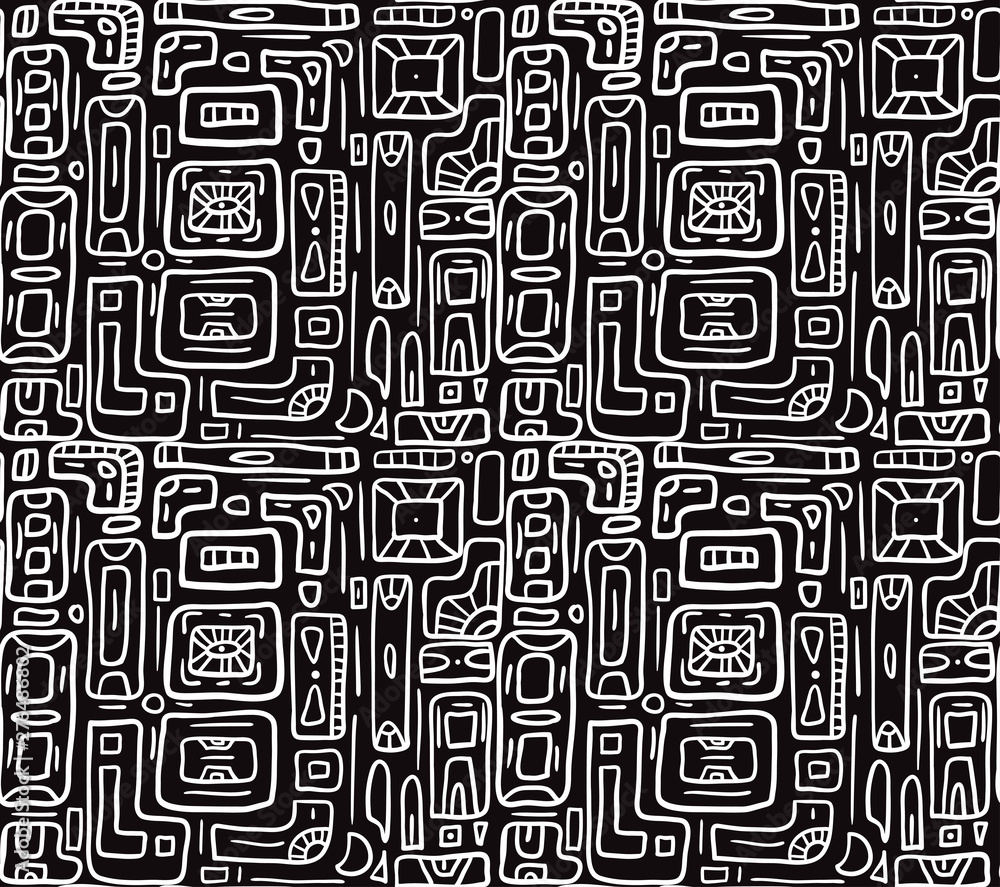 Seamless white tribal doodle pattern on black background. Boho pattern with  rectangles. Vector texture for fabrics, wallpapers, cards and your design.  Stock Vector | Adobe Stock