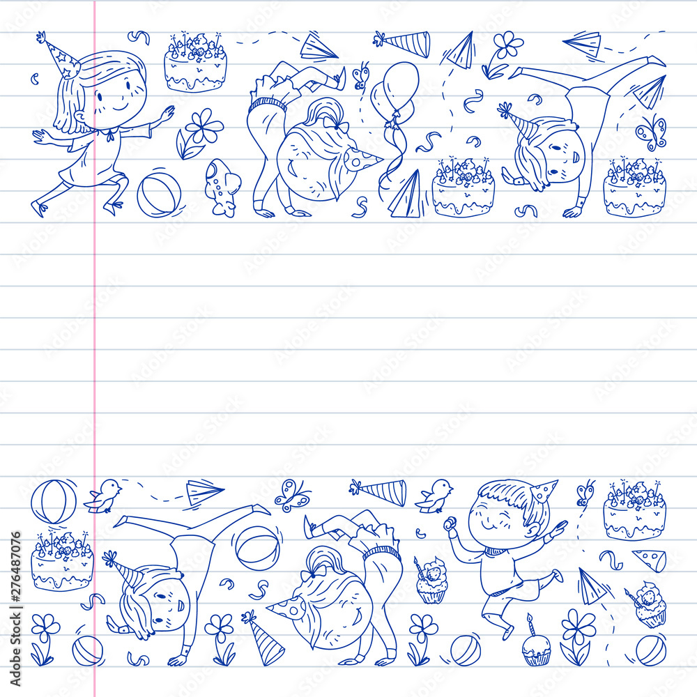 Vector illustration in cartoon style, active company of playful preschool kids jumping, at a party, birthday. drawn by pen on exercise notebook. Vector illustration in cartoon style, active company of playful preschool kids jumping, at a party, birthday. drawn by pen on exercise notebook.