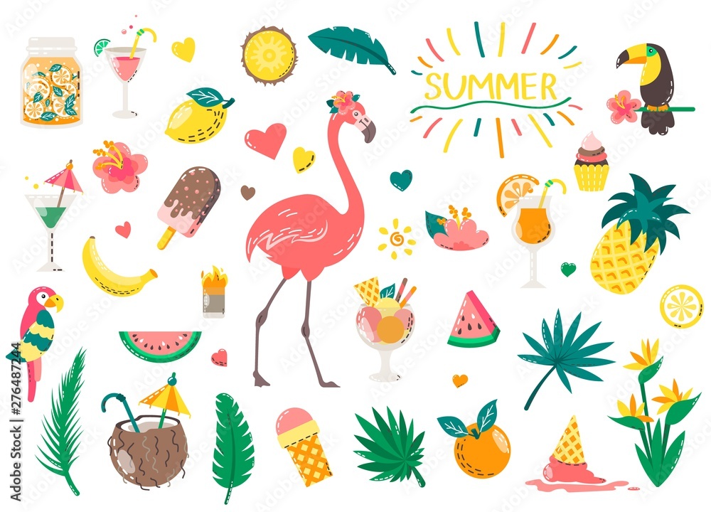 Obraz premium Set of cute summer icons: food, drinks, palm leaves, fruits and flamingo. Bright summertime poster. Collection of scrapbooking elements for beach party.