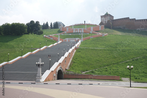View at Chkalov stairs from down below. Chkalov stairs is a flight of steps in the center of Nizhny Novgorod, connecting Minin and Pozharsky Square, the Upper and the Lower Volga embankments