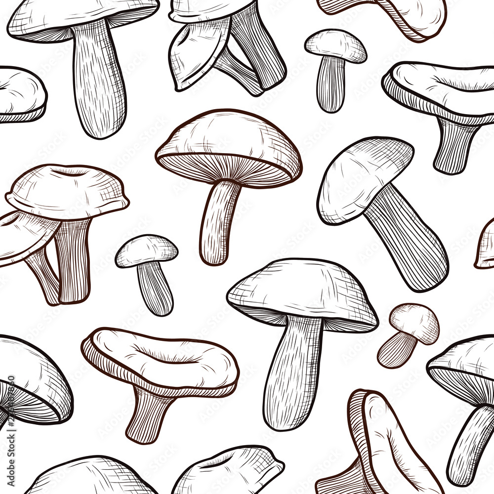 vector seamless pattern of mushrooms: honey mushrooms, chanterelles, porcini mushrooms. engraving style