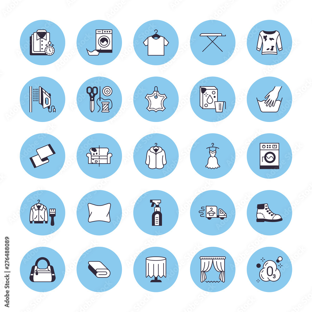 Dry cleaning, laundry line icons. Launderette service equipment, washing machine, clothing shoe and leaher repair, garment ironing and steaming. Washing thin linear signs Dry cleaning, laundry line icons. Launderette service equipment, washing machine, clothing shoe and leaher repair, garment ironing and steaming. Washing thin linear signs